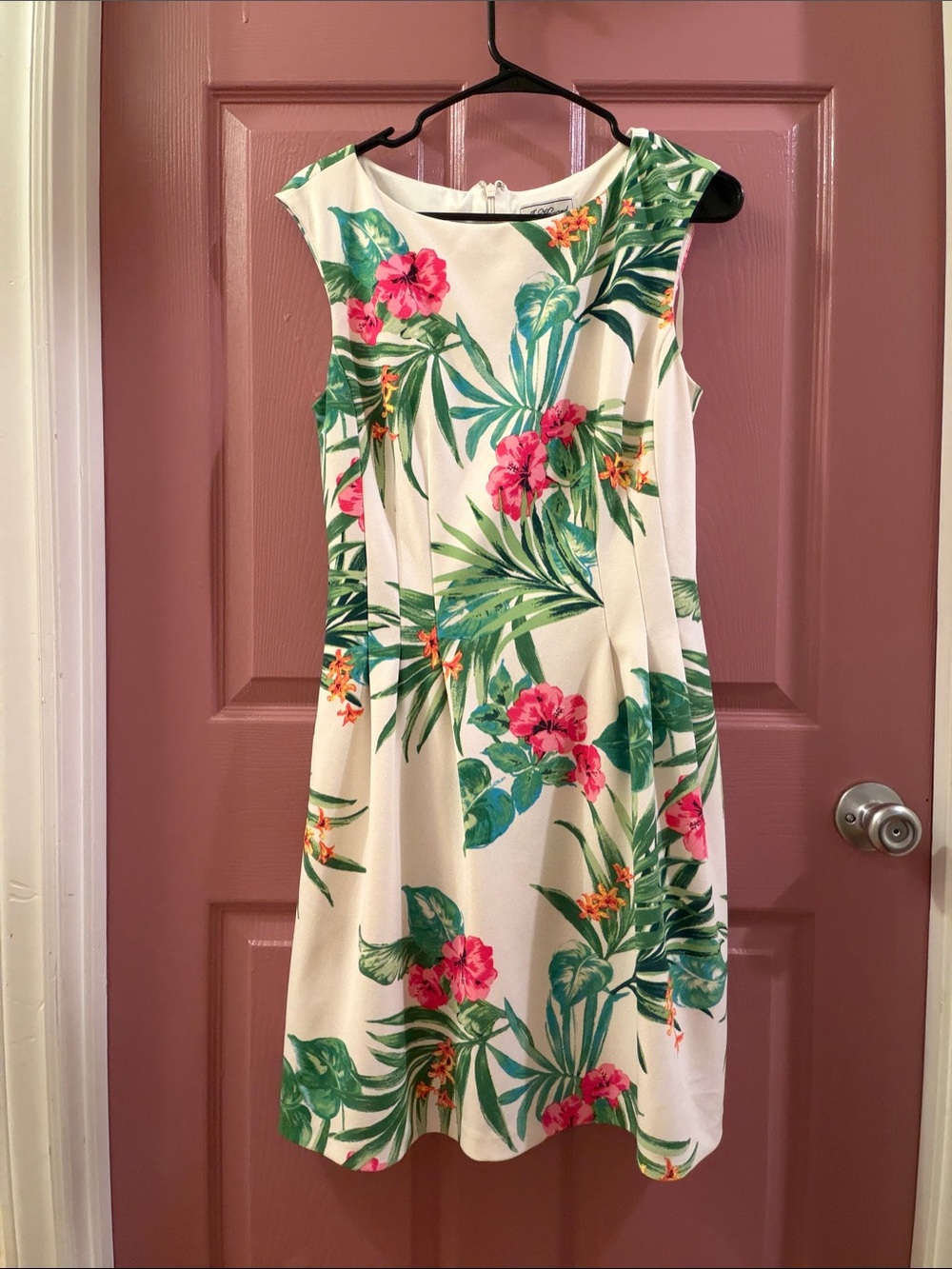Size 10 Tropical Floral Midi Dress - White with Green & Pink